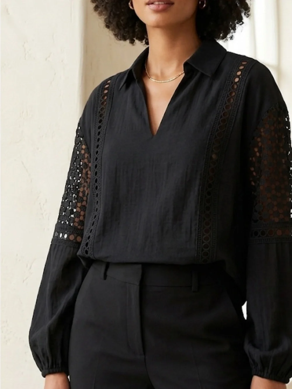 Tuckernuck Janie Black Crochet-Inset V-Neck Collared Blouse NWT